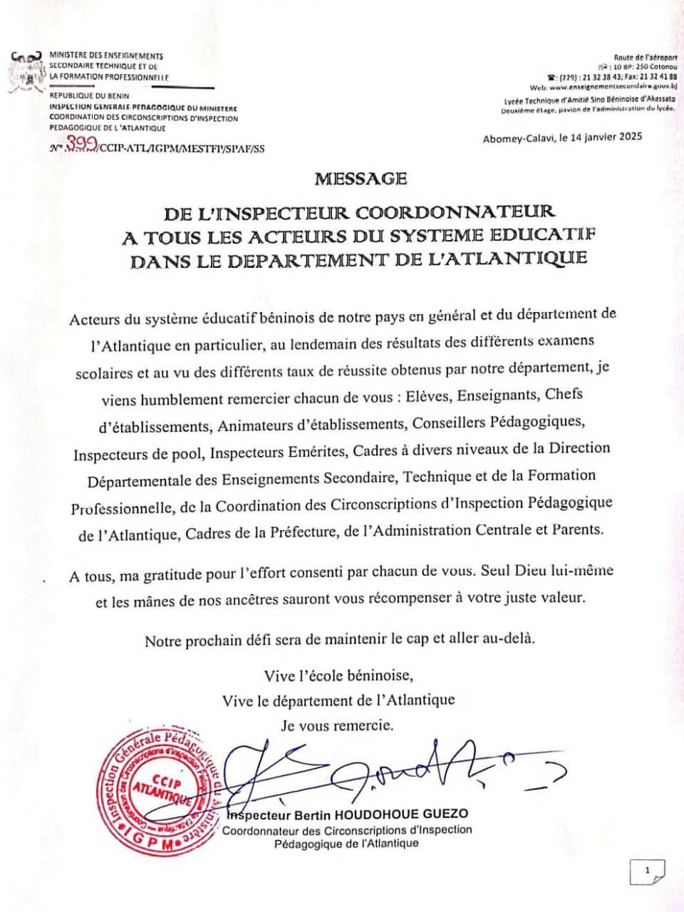 Bertin HOUDOHOUE GUEZO félicite les artisans de la réussite