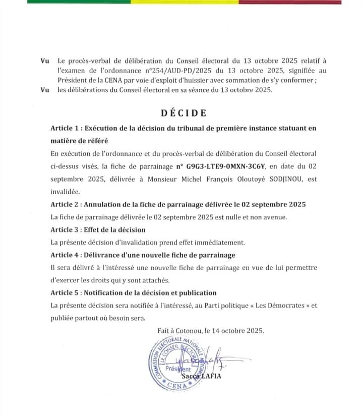 Image supplémentaire pour La fiche de parrainage de SODJINOU invalidée