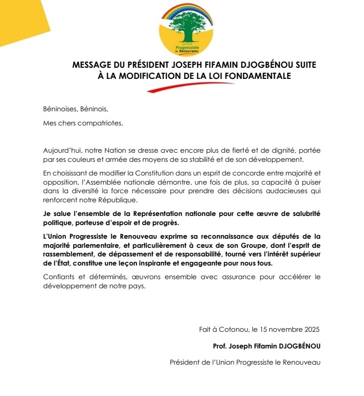 Joseph Fifamè DJOGBENOU salue une avancée majeure pour la stabilité institutionnelle et le développement du Bénin