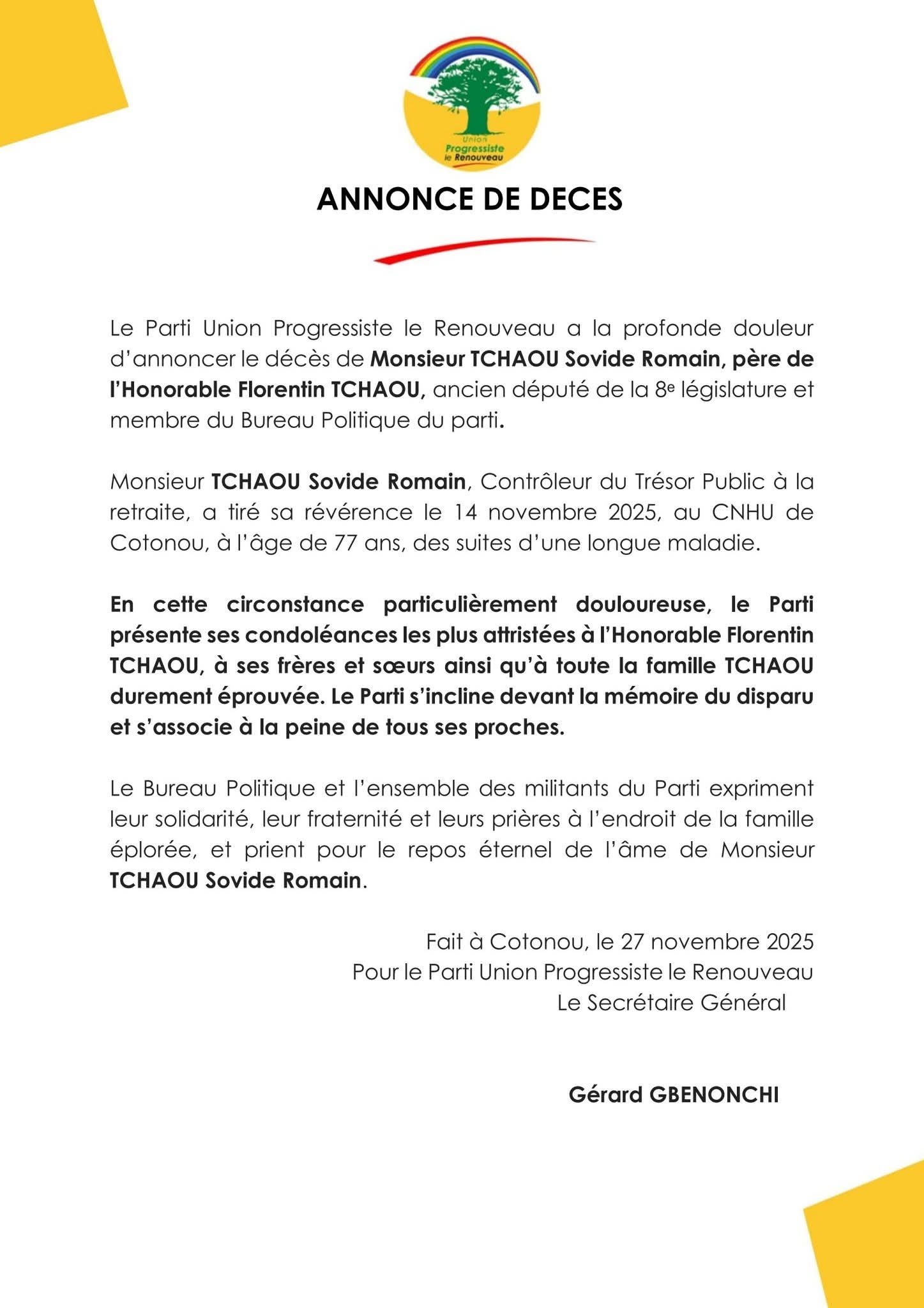 Image supplémentaire pour Décès du père de l’Honorable Florentin TCHAOU