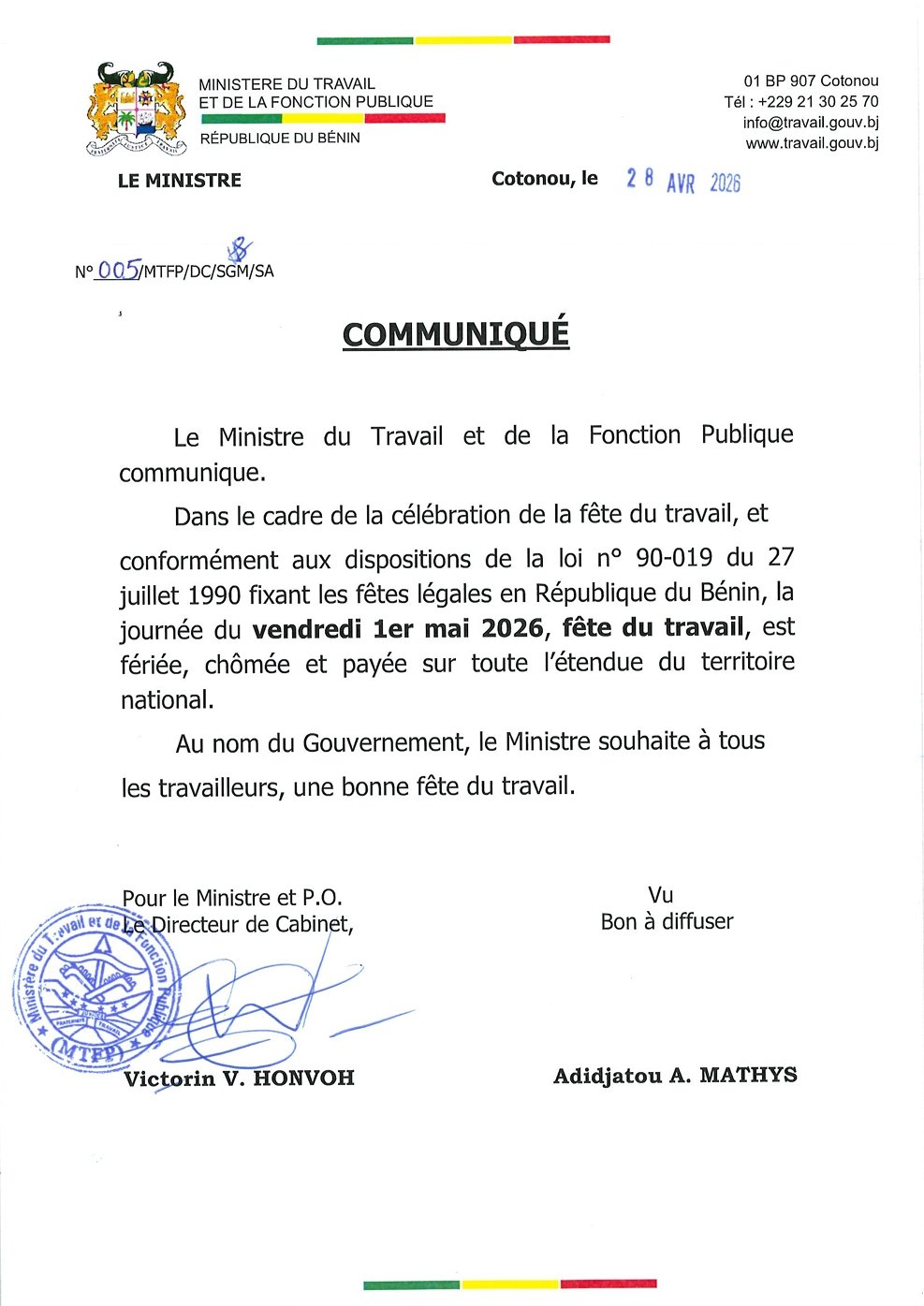 Le vendredi 1er mai 2026 déclaré férié, chômé et payé sur toute l’étendue du territoire