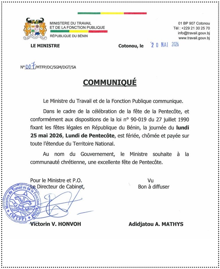Le Gouvernement déclare fériée et payée la journée du lundi 25 mai