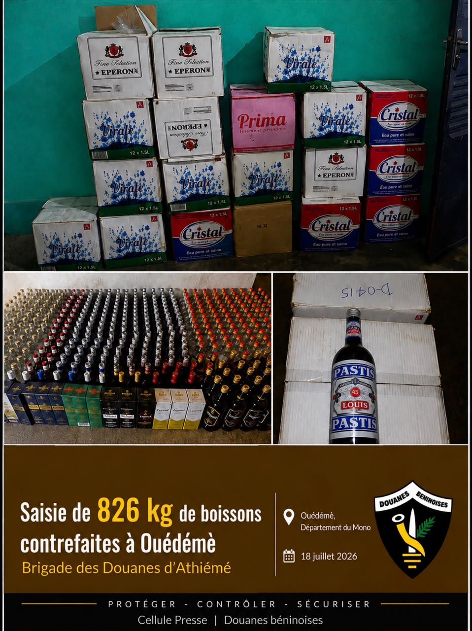 Plus de 800 kg de boissons contrefaites saisis à Ouédèmè