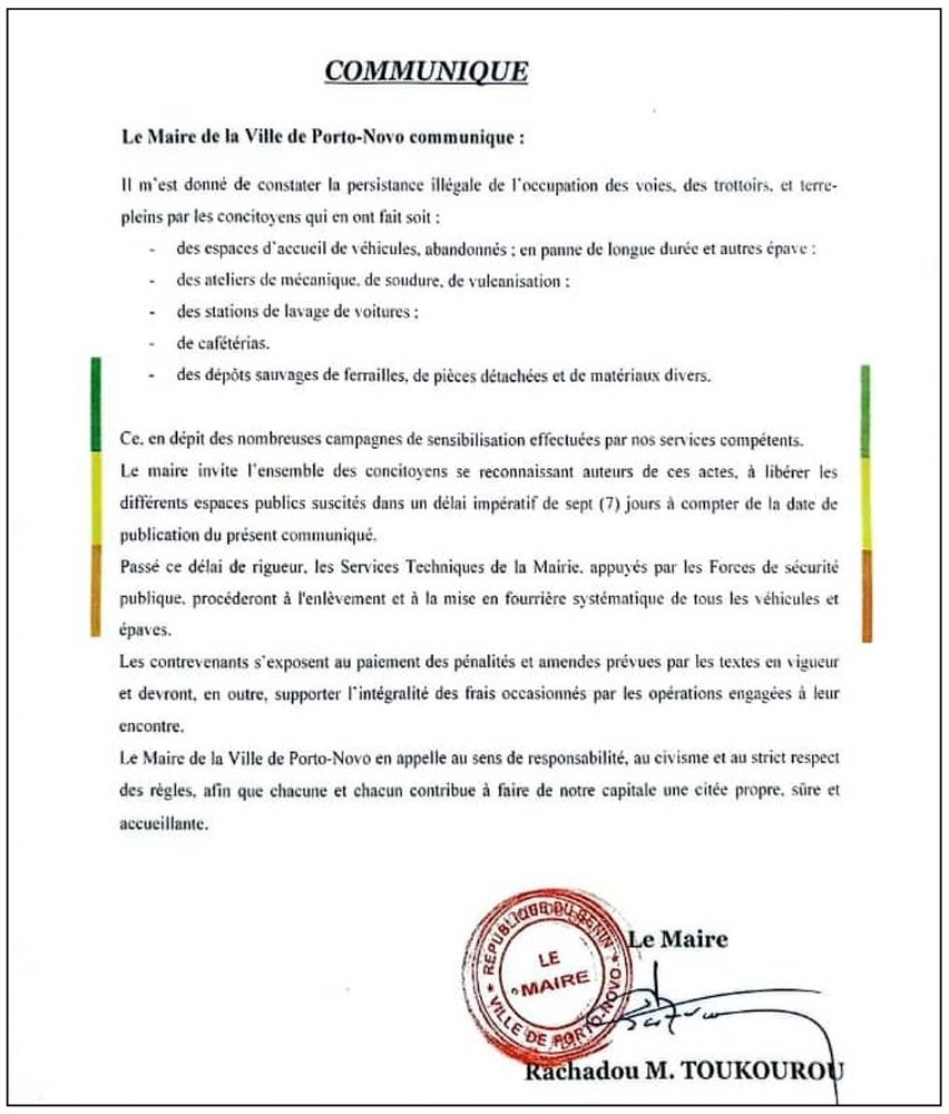 Image supplémentaire pour Rachadou Toukourou donne 7 jours aux contrevenants