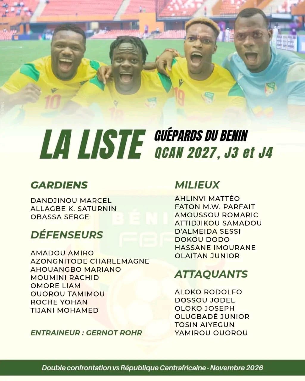 ÉLIMINATOIRES CAN 2027 : GERNOT ROHR DÉVOILE LES 26 GUÉPARDS RETENUS POUR DÉFIER LA CENTRAFRIQUE
